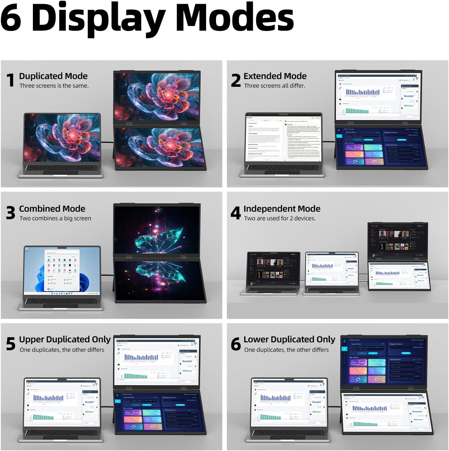 Diagram illustrating six different display modes: Duplicated, Extended, Combined, Independent, Upper Duplicated Only, and Lower Duplicated Only.