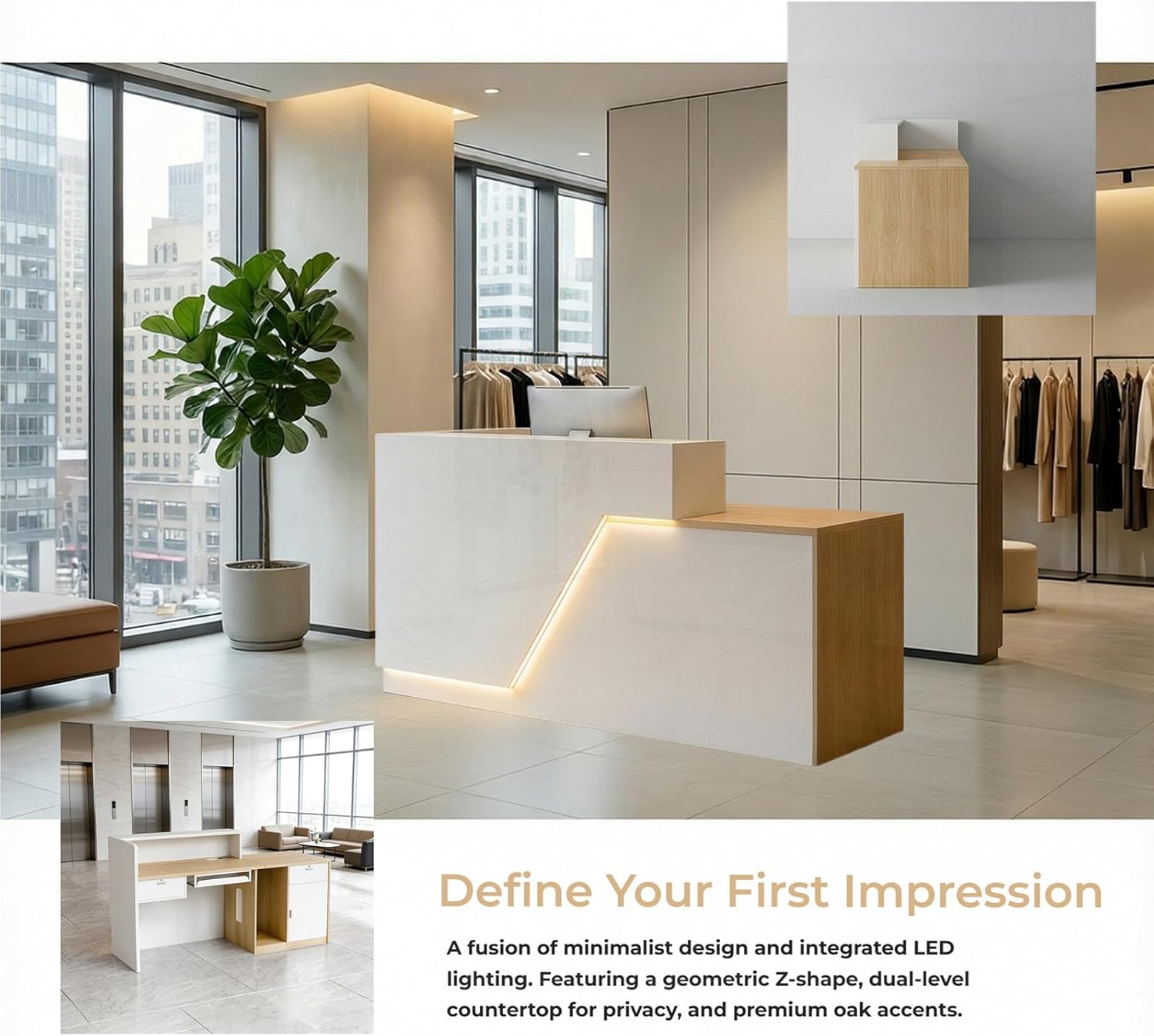 L-Shaped Reception Desk with Counter & Wireless Charging, 2-Inch Thick Board, Lockable Drawers & Keyboard Tray, Heavy-Duty Front Desk for Office, Salon, Hotel & Clinic