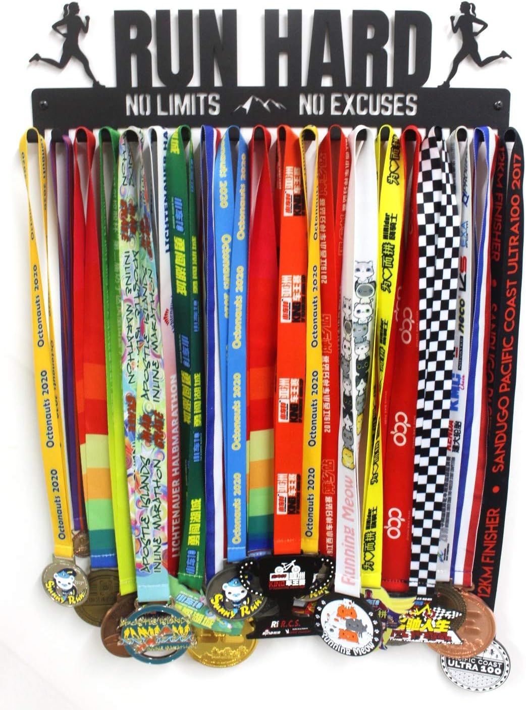 Metal Wall Mount 'Run Hard' Motivational Kids & Adults Running Sports Medal Hanger and Lanyard Ribbon Display Holder Rack with 20 Hanging Hooks, Great Gift for Runners - Black