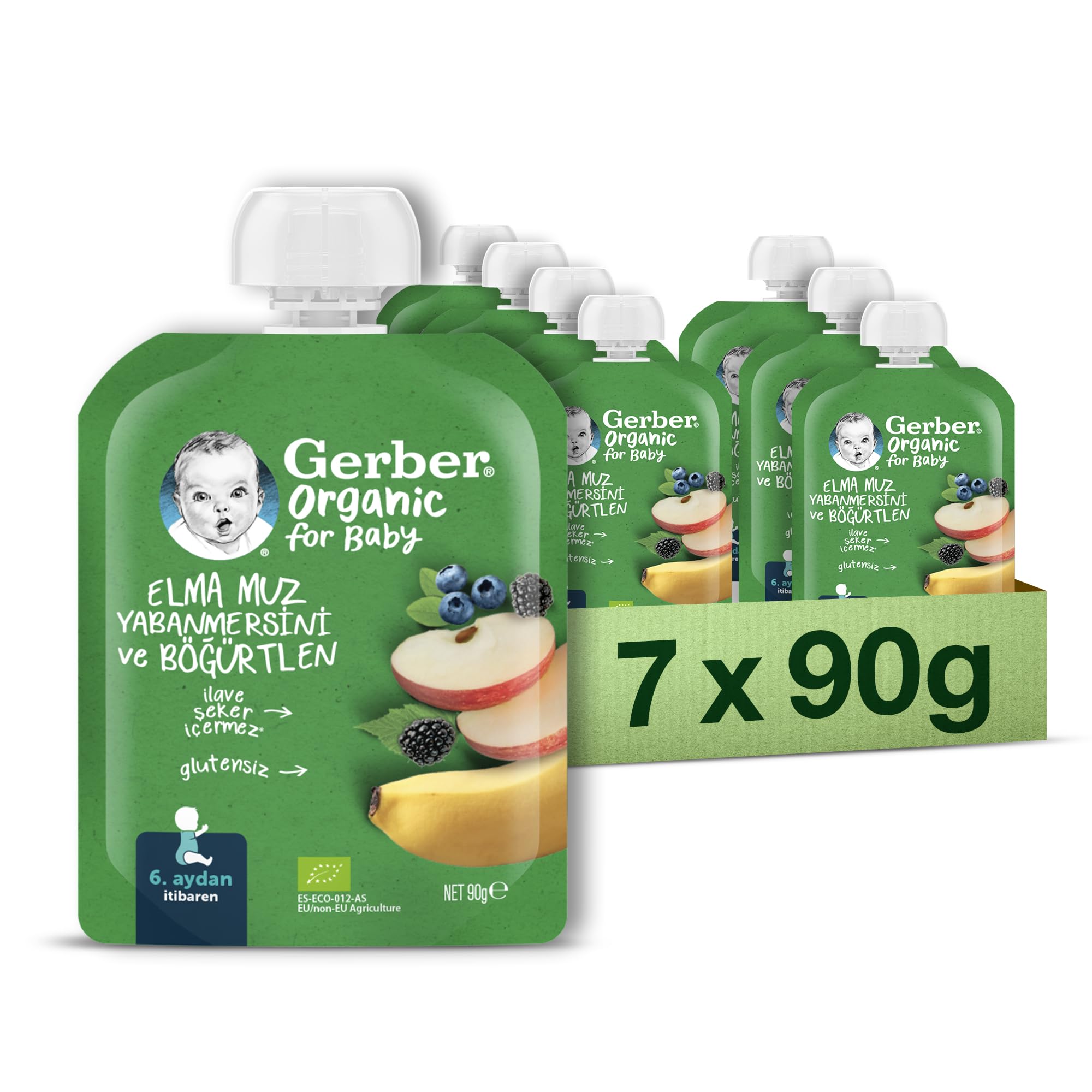 Gerber Organik Muz Yabanmersini Böğürtlen ve Elma Püresi 90 g x 7