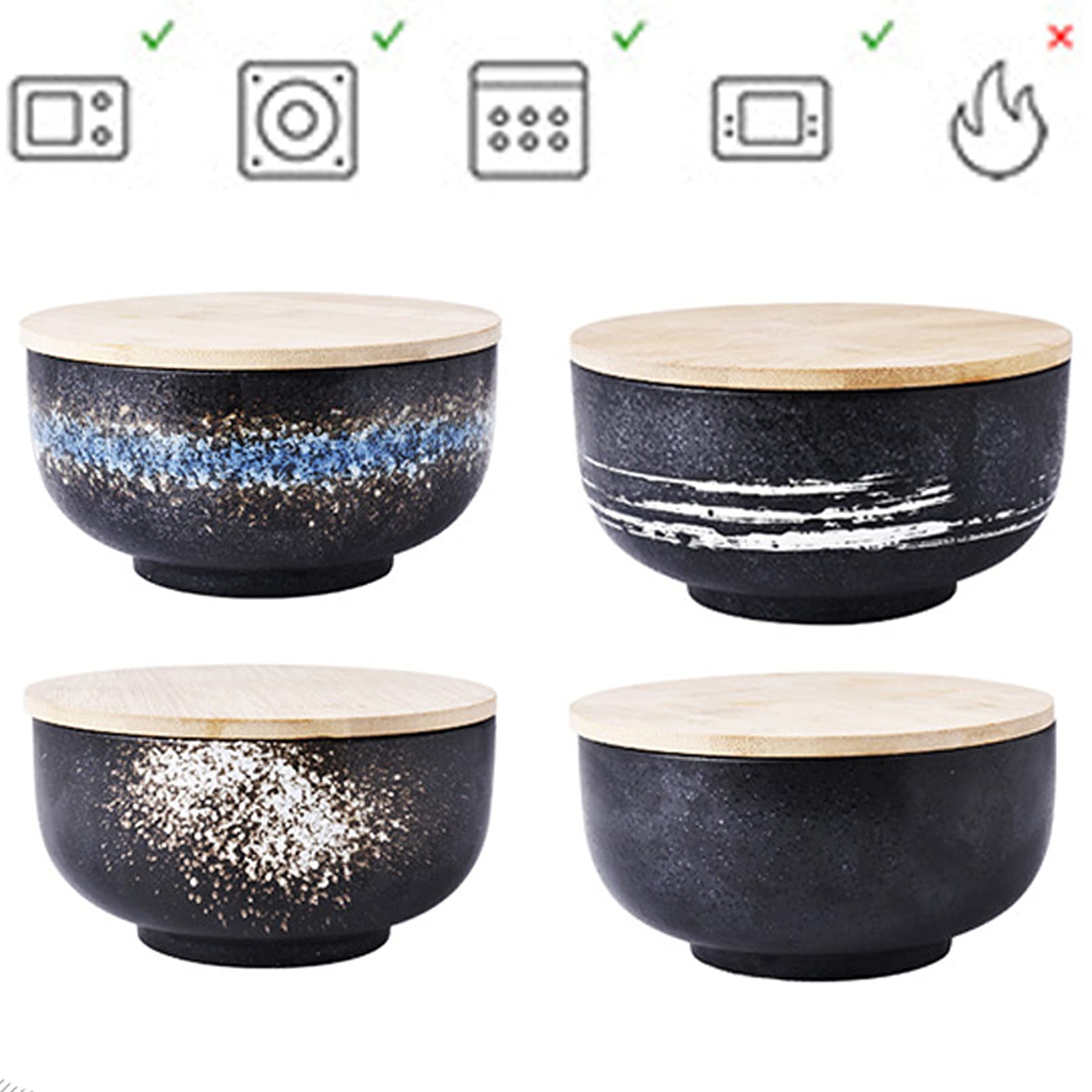 Bol japonais avec couvercle, bol de ramen en céramique, lot de 2 bols de ramen en céramique vintage bol de riz dessiné à la main bol de nouilles instantanées,A5