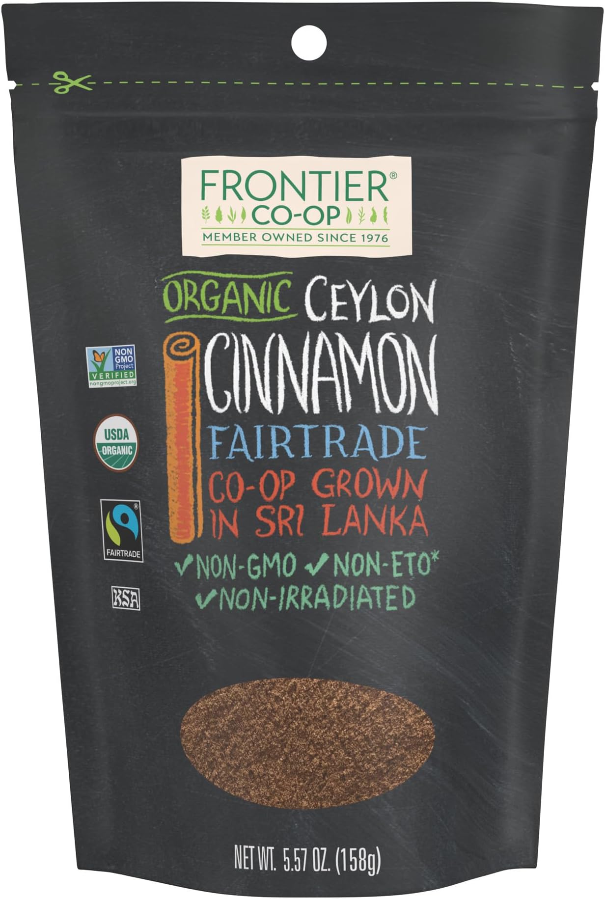 Frontier Co-op Organic Fairtrade Ground Ceylon Cinnamon Powder, Refill for Shaker, Baking, Beverages, and Cooking, Kosher | 5.57 Ounce (Pack of 1)