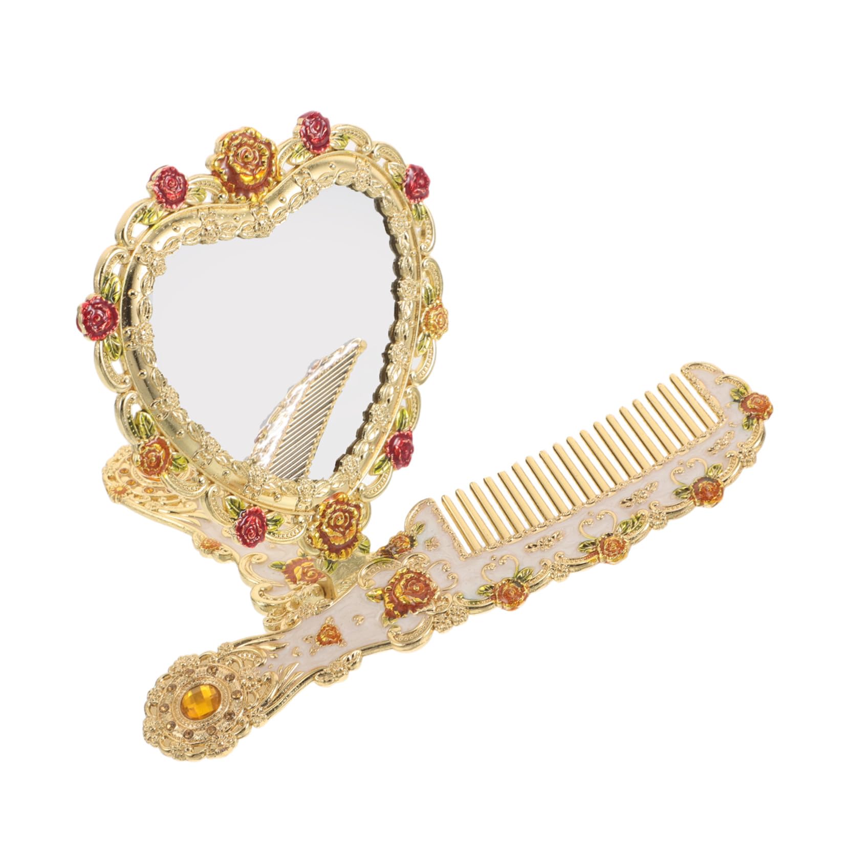 Specchietto Vintage Portatile Dorato a Forma di Cuore con Pettine in Metallo Pieghevole per Make-up e Viaggi, Accessorio Raffinato per Donne e Ragazze