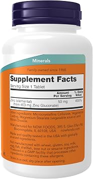 NOW Foods Supplements, Zinc (Zinc Gluconate) 50 mg, Supports Enzyme Functions*, Immune Support*, 250 Tablets
