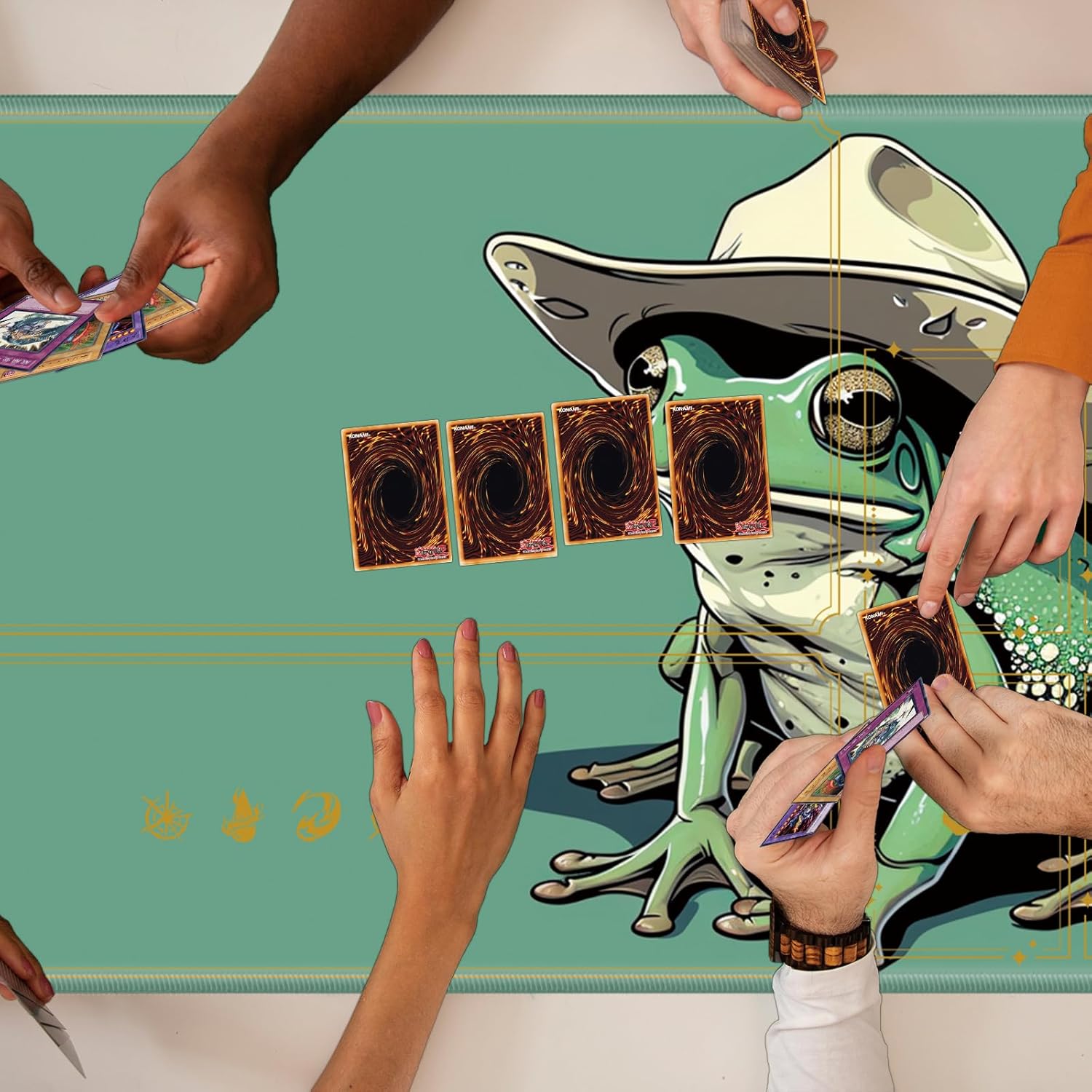 Board Game Mat TCG Playmat Plus 50 Pcs Card Sleeves, 24 x 14 inches Green Frog Table Mats Games Mousepad with Zones Smooth Surface for MTG RPG CCG Trading Card Game Play Mat