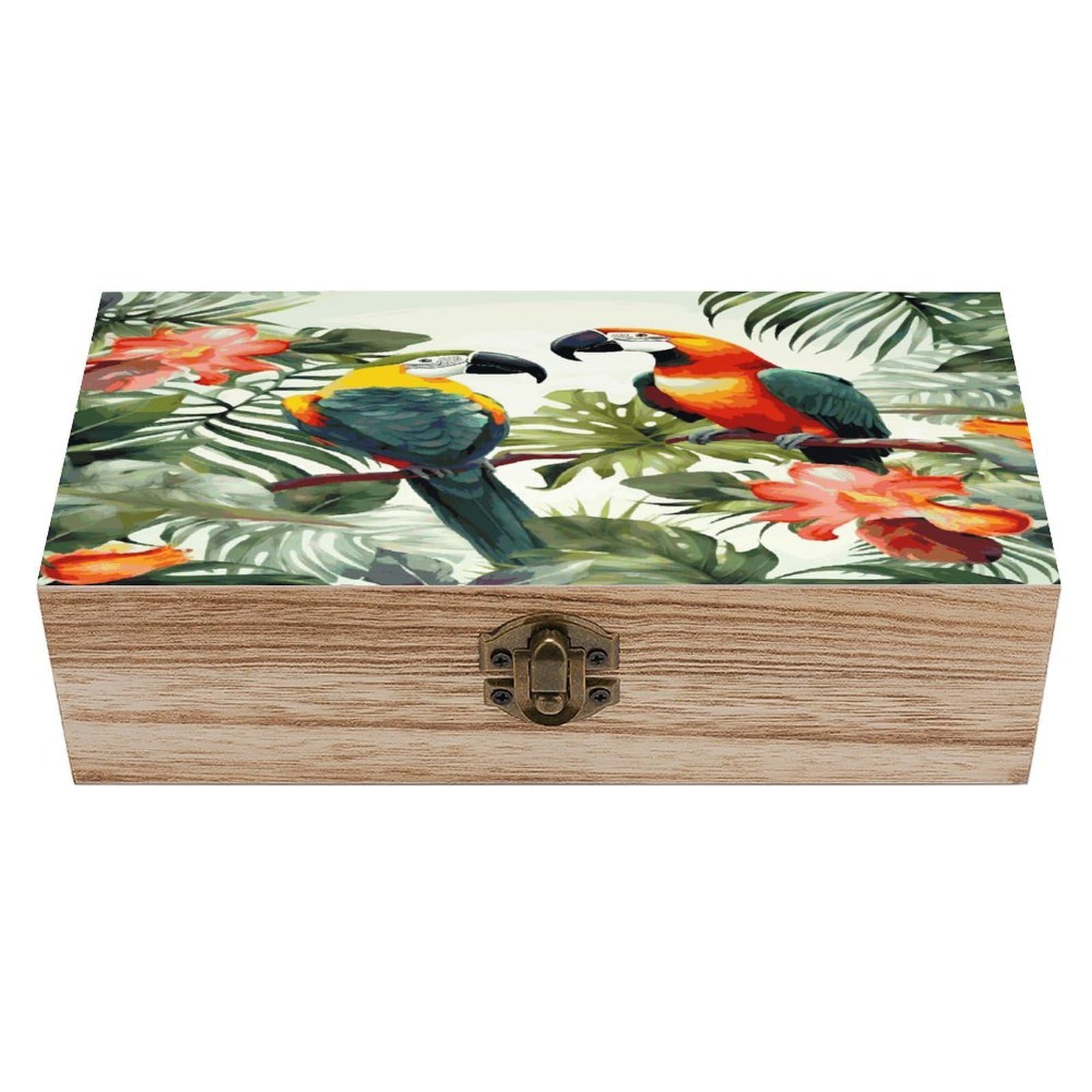 JTREHY Toucans Parrot Palm Tree Leaves Wooden Keepsake Box Vintage-Style Wood Keepsake Case with Hinged Lid Solid Wood Boxes Beautifully Memory Treasure Case Vintage-Style Wooden Storage Box