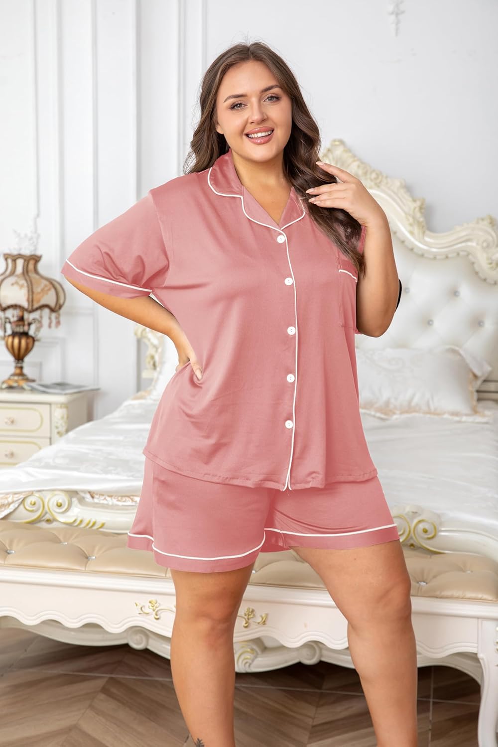 Vozanet Women's Plus Size Button Down Pajamas Soft Lounge Sets Shorts with Pockets Bride Nighty Solid Soft Pjs 1x to 5x - Image 3
