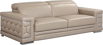 Blackjack Furniture Usry Top Grain Italian Leather Couch with Multi-Position Adjustable Headrests, Elegant Contemporary Design with Chrome Trim and Durable Wood Frame, Sofa, 89", Beige