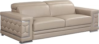 Blackjack Furniture Usry Top Grain Italian Leather Couch with Multi-Position Adjustable Headrests, Elegant Contemporary Design with Chrome Trim and Durable Wood Frame, Sofa, 89", Beige