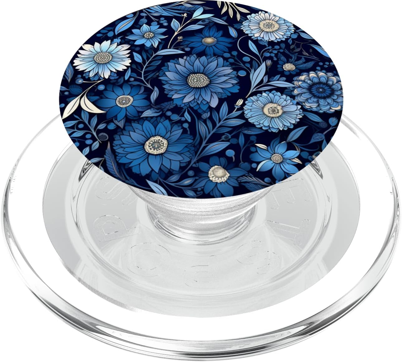 Navy Blue and Light Blue Floral Flower Flowers Print Black PopSockets PopGrip for MagSafe