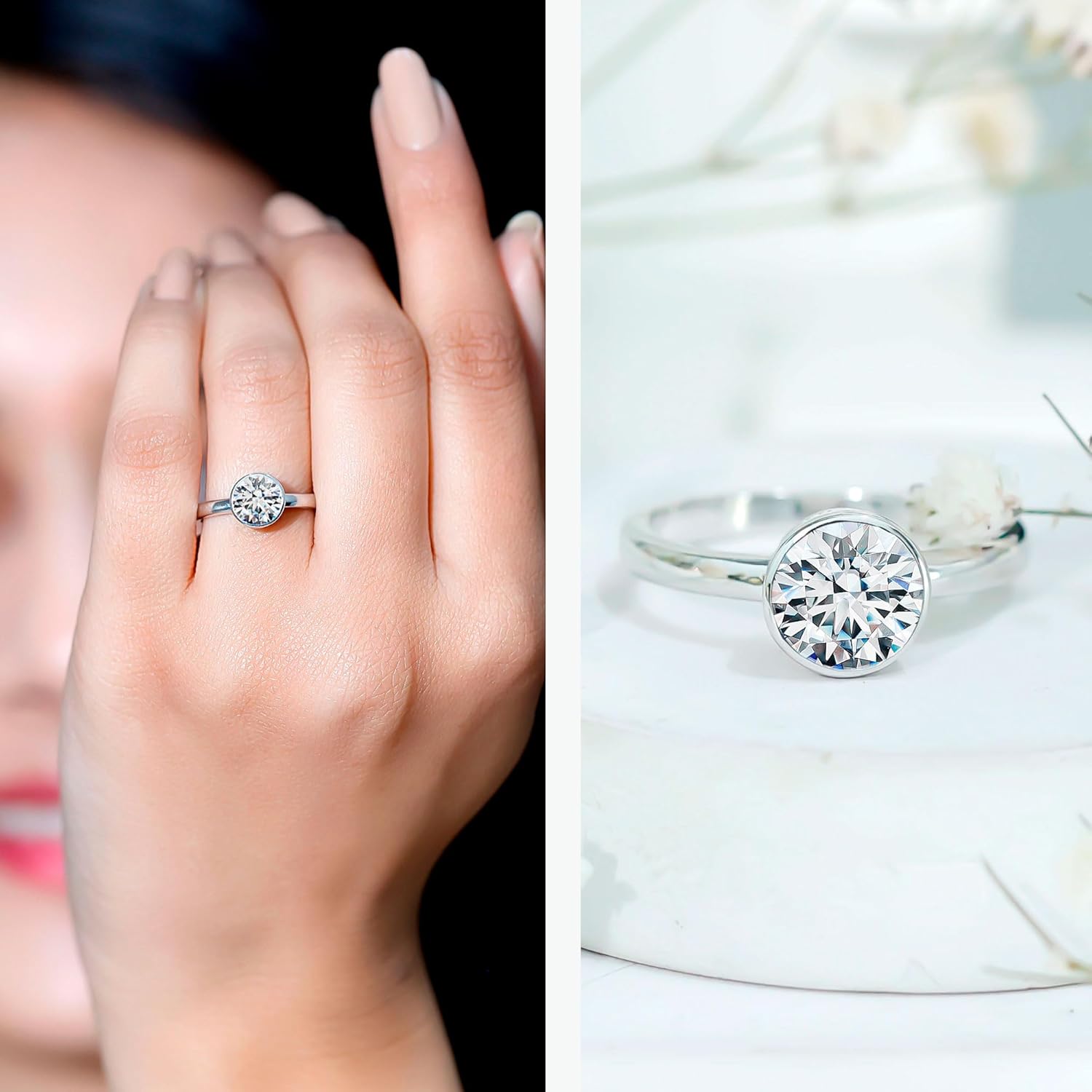 Certified Moissanite Round Engagement Ring in Silver, D-Vs1 Quality, Moissanite Bezel Set Ring - Christmas Gift For Women