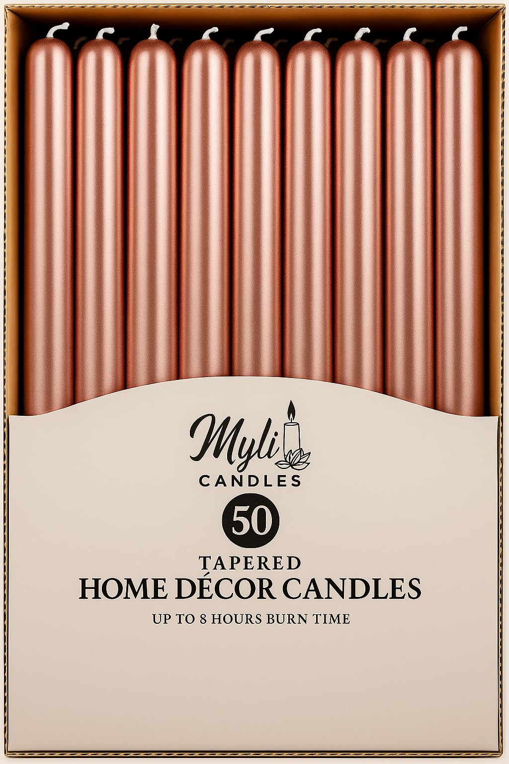 MyLight 10-Inch Taper Candles Unscented Wax Pack of 50-8 Hour Burn Time Sleek Tall Candles for Home Decor, Christmas Celebrations & Dining (50, Metallic Rose Gold)