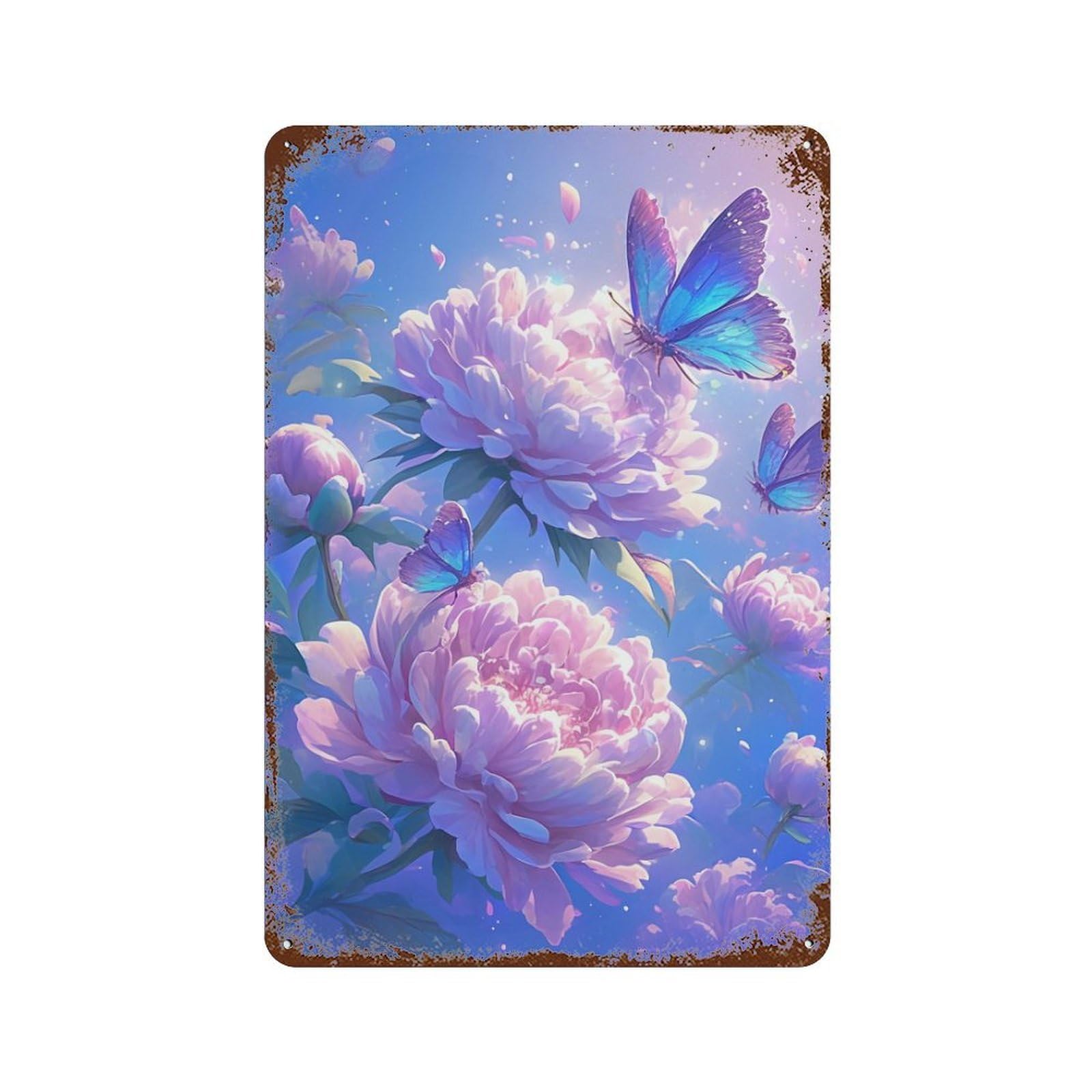 Peony Blossoms & Butterflies Rust Effect Tin Sign 11.8"x7.9", Farmhouse Wall Decor for Living Room, Hallway And Home Decor