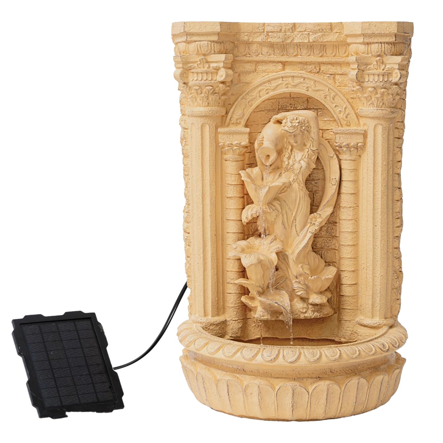 XBrand 30.3" Solar Pot Fountain, Tall Brown Maiden Holding Pot Wall Fountain, Outdoor Water Fountain, Polyresin