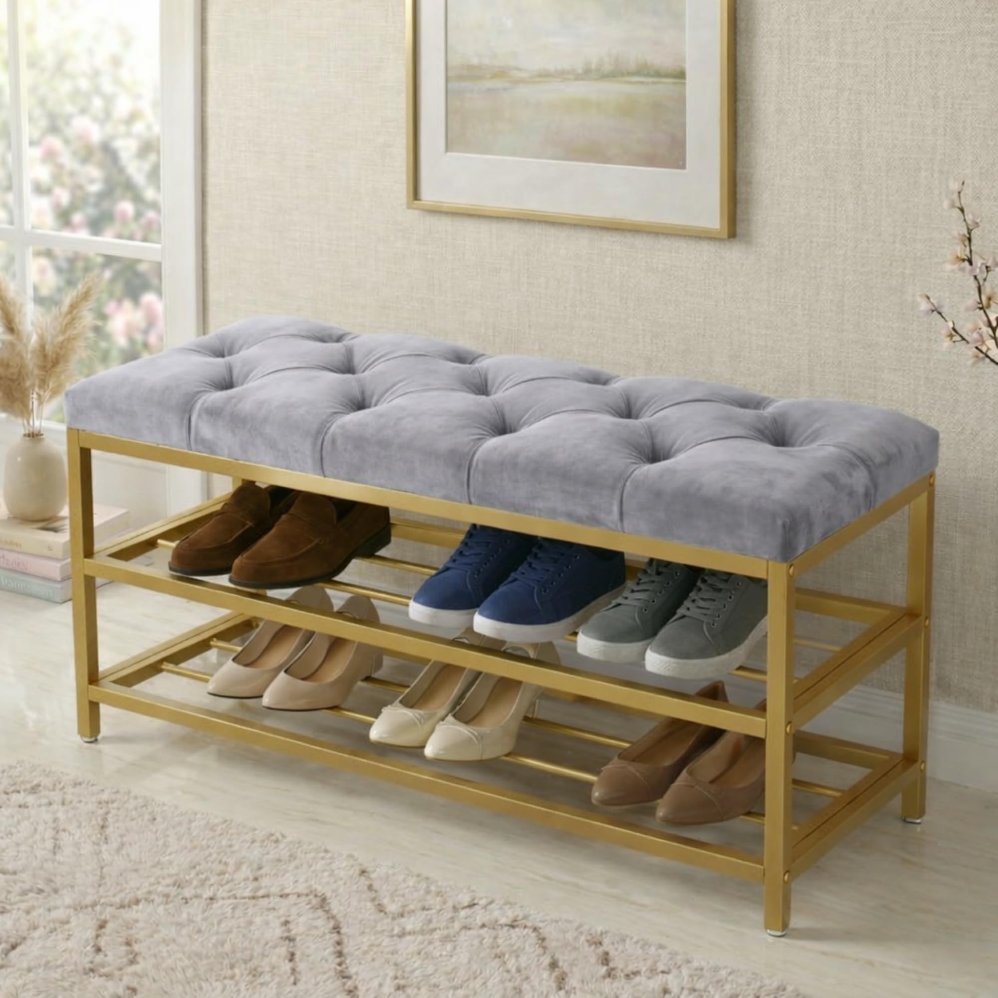 Harveys Ottoman Shoe Storage Bench with Velvet Fabric & Memory Foam Seat, 2 Tier Metal Shoe Rack with Seat, Entryway Bench, Gold Finish, 10 Pair Capacity - (Fabric Buttons, Silver)