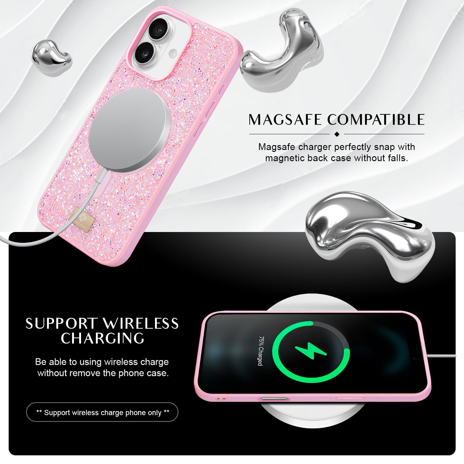 BEZ Glitzer-Handyhülle Für IPhone 16 Mit MagSafe – Diamantbesetzt, Magnetisch, In Jet Schwarz