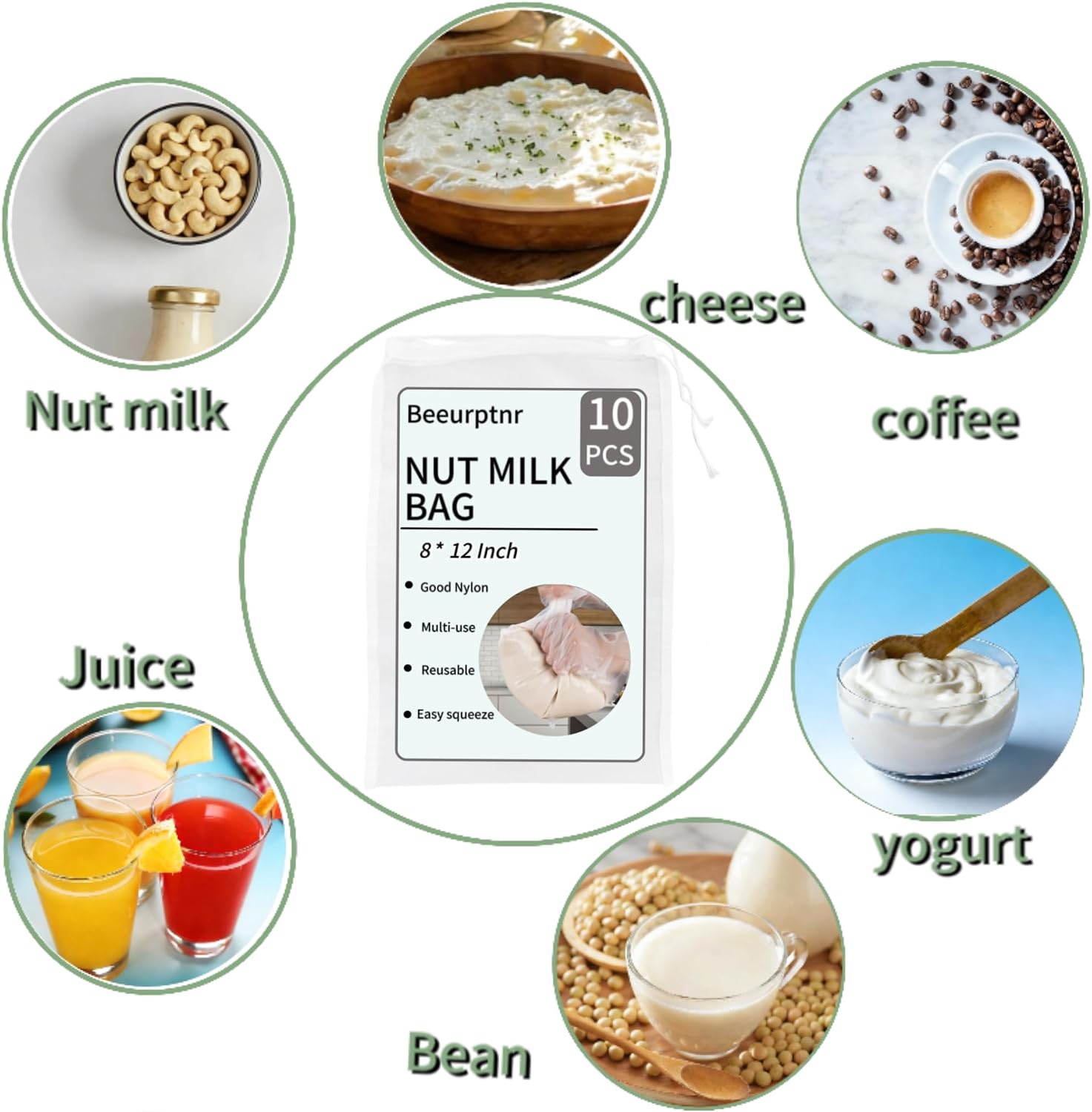 Nut Milk Bag, 10 Pcs 12 x 8 Inch Cheese Cloth Bag, Reusable Fine Juice Strainer Bag, 200 Mesh Nylon Bag for Straining Yogurt Juice Coffee Beer Jelly Cheese