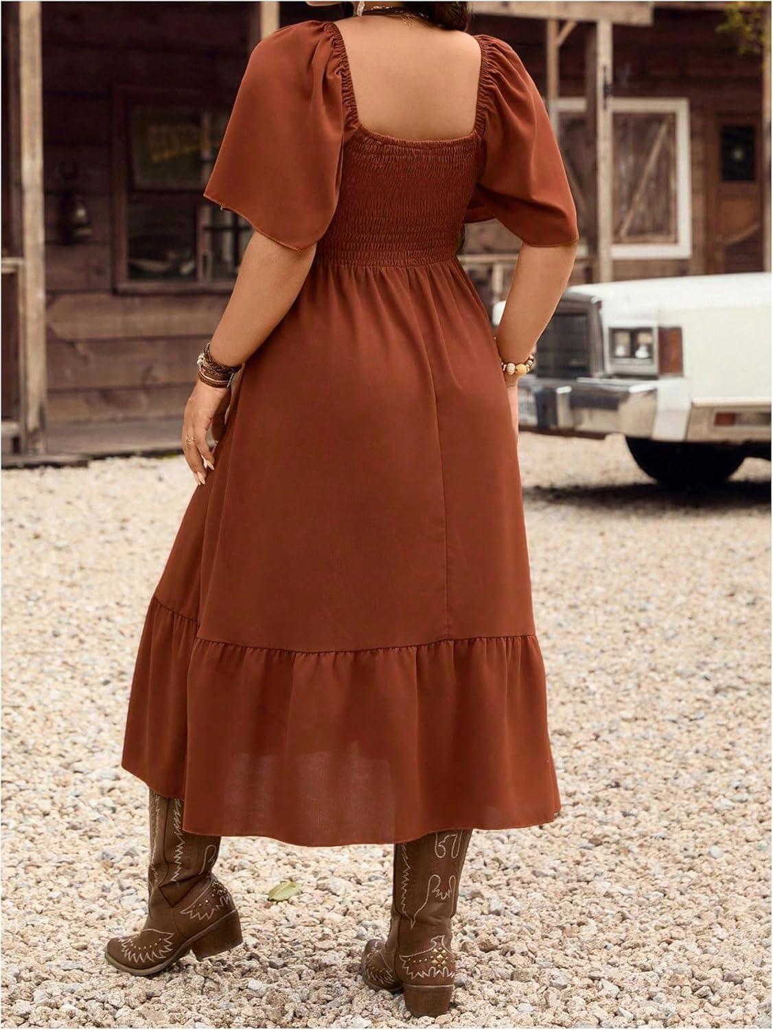 Women's Plus Size Western Cowgirl Dresses Flowy Boho Maxi Dress Floral Embroidered Ruffle Short Sleeve Country Outfit - Image 2