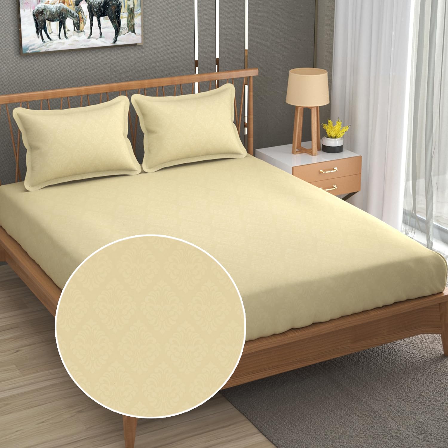 Fresh From Loom Rotary Printed King Size Double Bedsheet - Hypoallergenic, Wrinkle Free Microfiber Bed Sheets with 2 Pillow Covers (90 x 95 Inches | Light Beige, Damas Design)