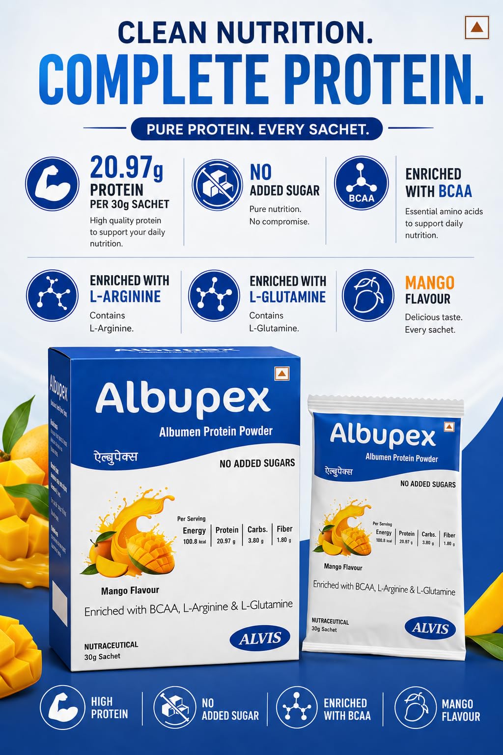 Albupex Albumen Protein Powder Sachet 30g | 20.97g High Biological Value Egg White Protein | BCAA, L-Arginine & L-Glutamine | Mango Flavour — Amazon image 5