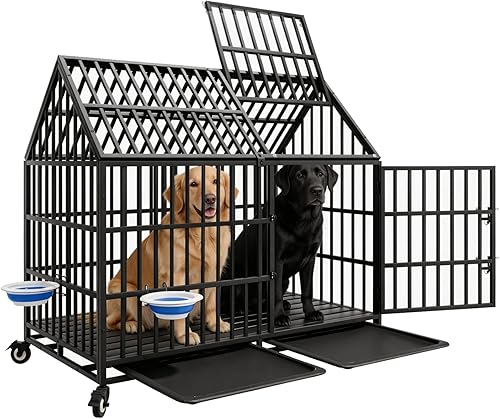 Jaula indestructible de 50 pulgadas para perros con ruedas, a prueba de escapes, doble puerta para interiores, alta ansiedad, perrera de acero con