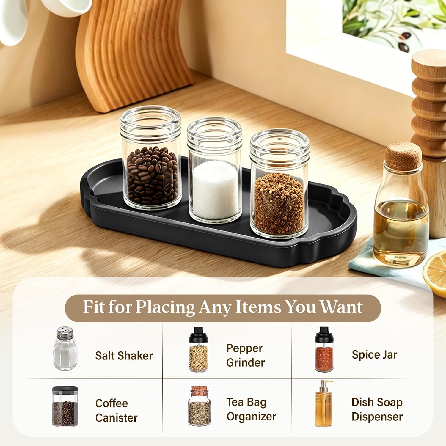 Silicone Bathroom Vanity Tray,9.5" x 4" Waterproof Extra-Thick Counter Organizers, Decorative Holder for Bathroom Decor & Kitchen Countertop for Candle, Hand Sanitizer (Black)