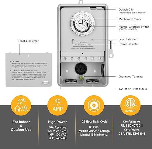 Miniatura 9 de Suraielec Temporizador de piscina, temporizador mecánico de bomba de piscina de 24 horas, 40 amperios, 120, 240, 277 VAC, carcasa de metal