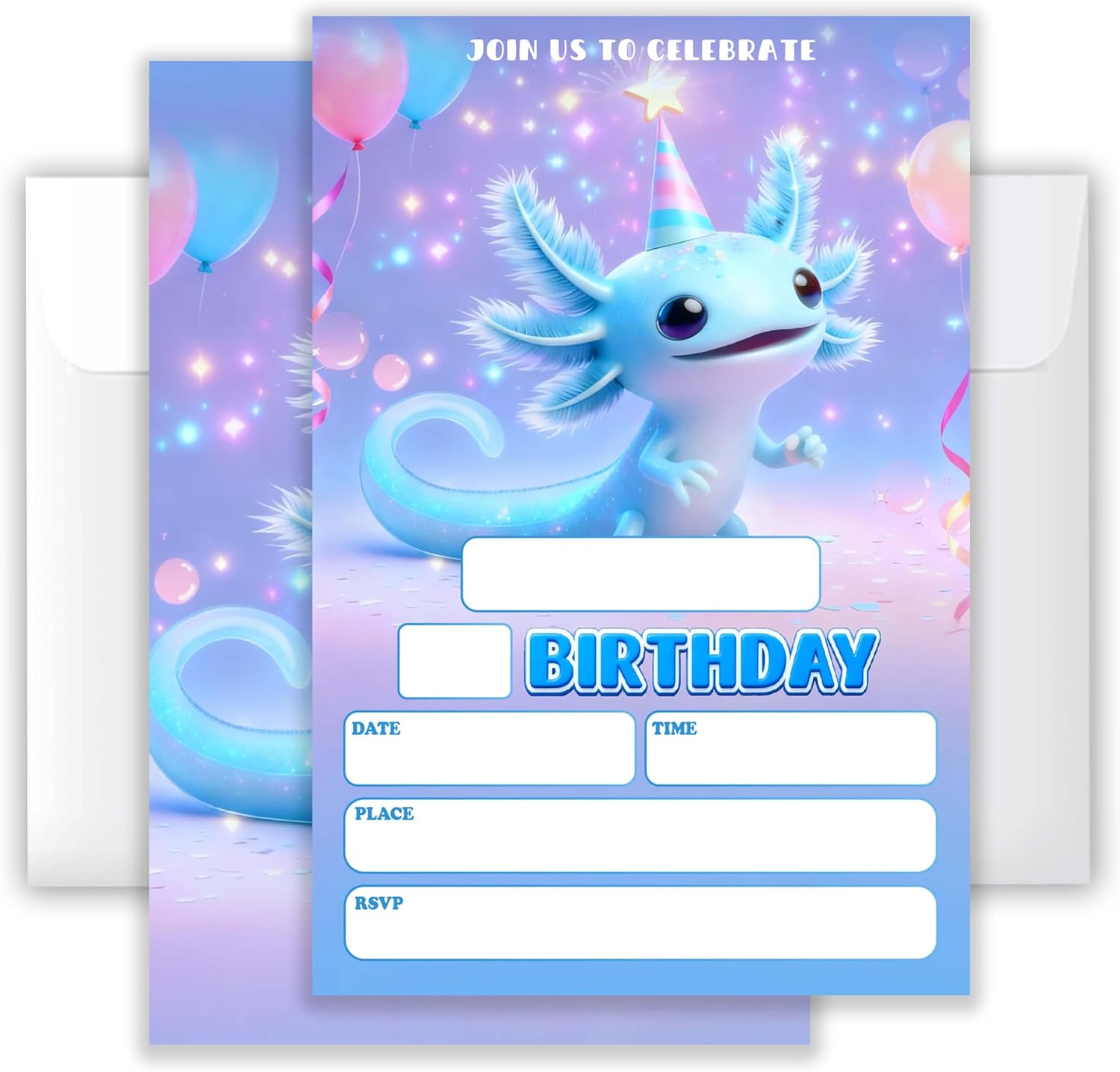 4x6 Pink Axolotl Birthday Invitations (20 Cards + 20 Envelopes) - Sparkly Kids’ Birthday Party Invites.((045)