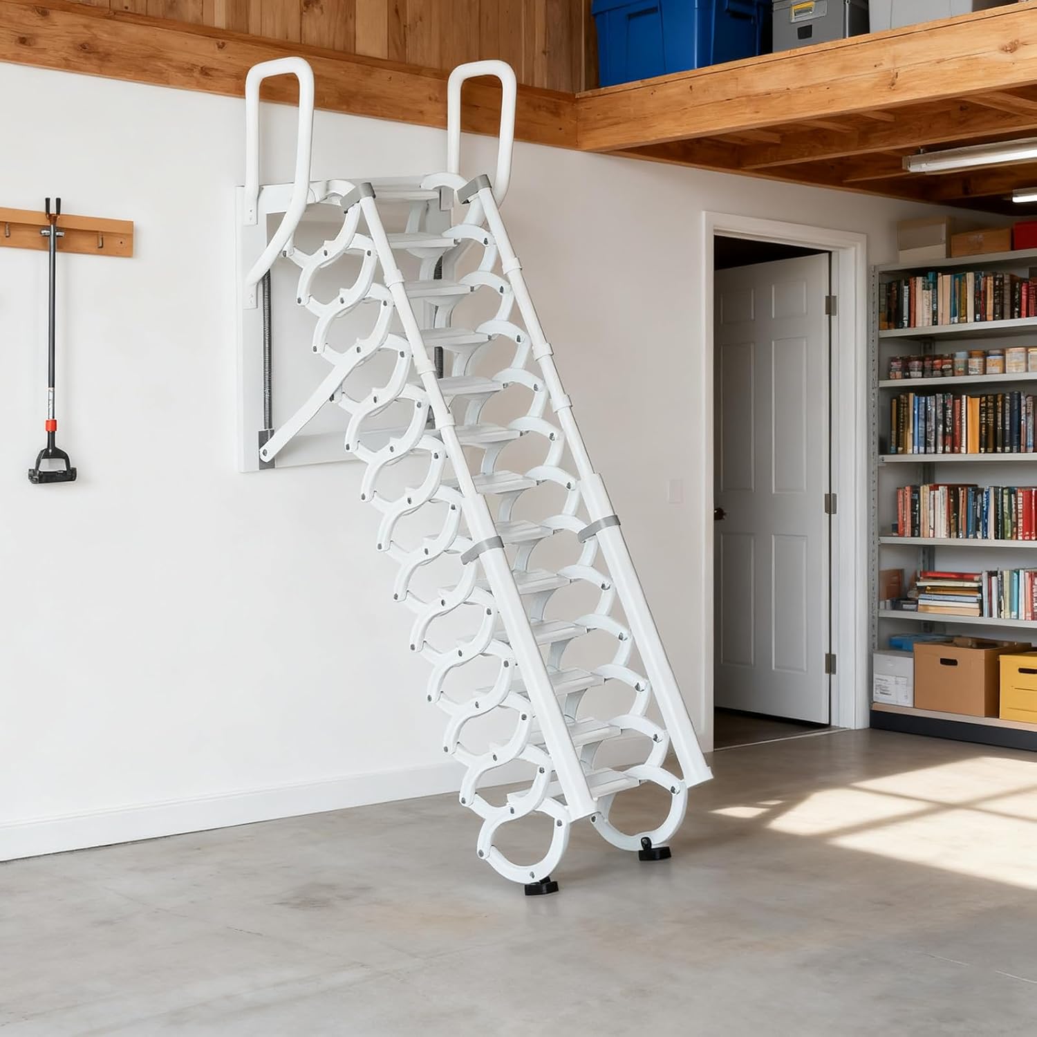 Wall-Mounted Folding Pull Down Attic Stairs, Retractable Loft Ladder with Handrails, 12 Pedal Steps Indoor Outdoor Attic Ladder, Foldable Space-Saving, Load Capacity 661lbs