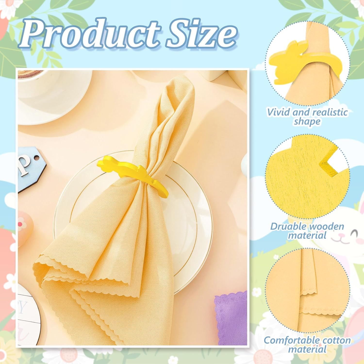 Whaline 10 Sets Easter Pastel Cloth Napkins with Wooden Bunny Napkin Rings 5 Colors Rabbit Napkins Holders for Spring Holiday Party Dinner Table Setting Decor Supplies