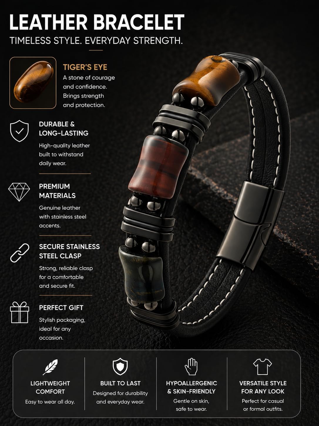 Men's Braided Leather Bracelet with Natural Tiger Eye Stone Handmade Multilayer Woven Wristband with Stainless Steel Clasp Jewelry Gift for Him