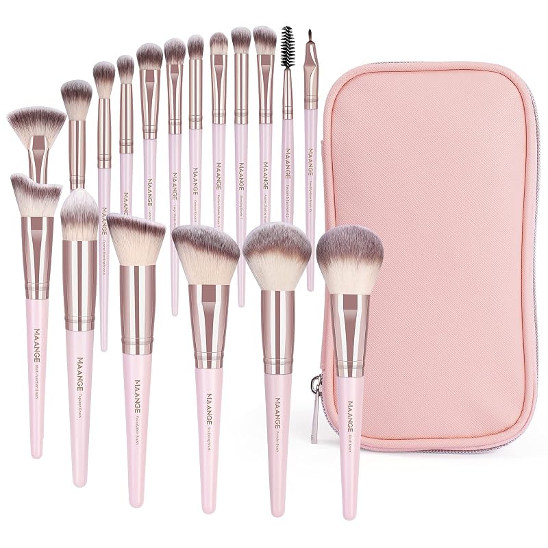 Kit de 18 pincéis de maquiagem MAANGE com estojo, fibras sintéticas e detalhes Pink Gold