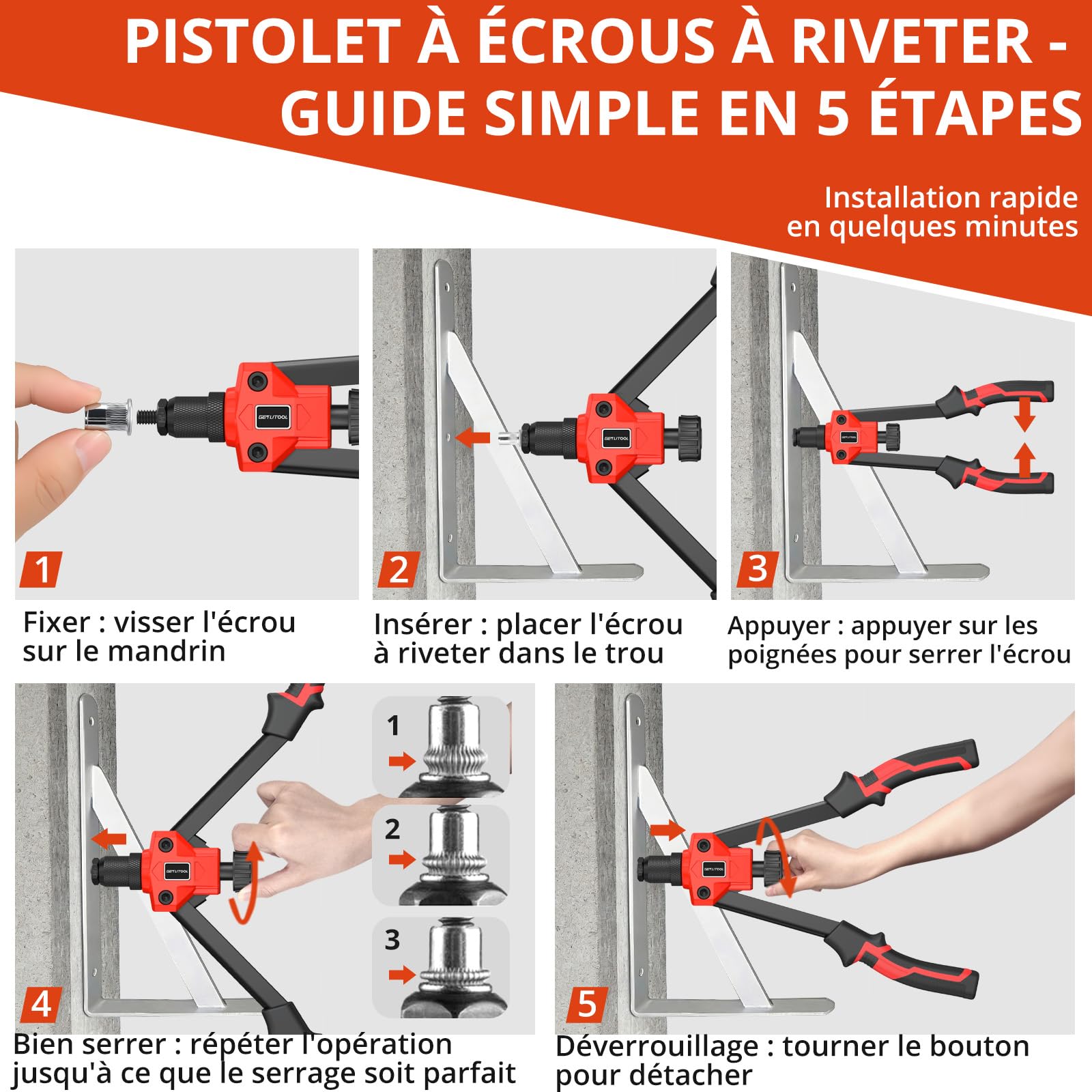 GETLITOOL Pince à Rivets Professionnelle Riveteuse Manuelle avec 7 PCS Mandrins M3 M4 M5 M6 M8 M10 M12，Pistolet à Riveter à Hôte Unique avec Étui de Transport pour Automobile,Meubles,Instruments