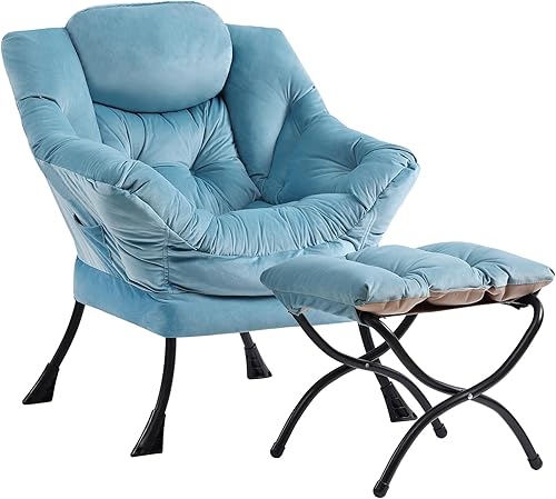 Miniatura 30 de Silla perezosa con otomana, moderna silla de descanso grande con reposabrazos y bolsillo lateral, sofá tapizado de ocio con sillón de lectura y