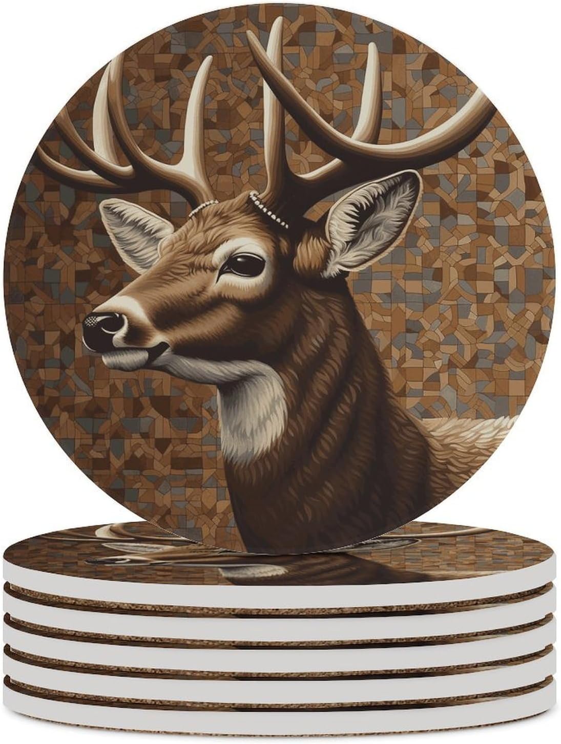 6PCS Deer on Brown Background Coasters Non-Slip Round Drink Coasters with Ceramic Stone and Cork Base, Heat Resistant Absorbent 33.00Stone Coaster Set for Kinds of Mugs and Cups, 4 Inch