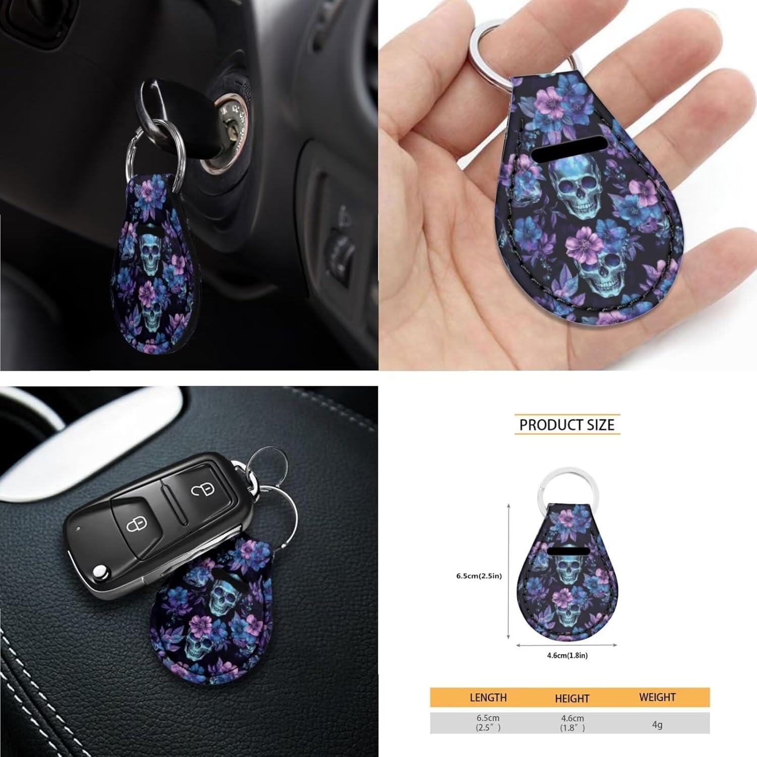 Skull Floral Printed 15 Pcs Car Seat Cover Full Set, Front and Rear Seat Covers with Steering Wheel Cover Seat Belt Covers Car Headrest Cover Car Coaster Lipstick Holder Keychian