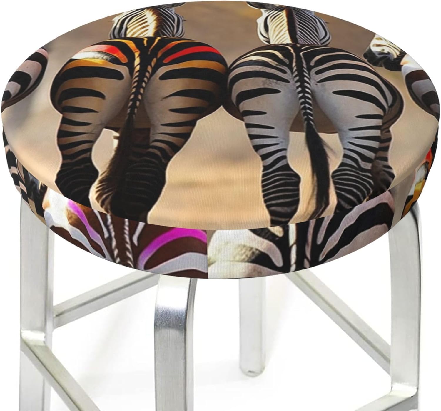 Bar Stool Cover Round Elastic Stool Cushion Covers Funny Back of Zebras Bar Chair Cover Washable Stool Cushion Slipcover Stretch Stool Seat Covers for 12-14 Inch Chair