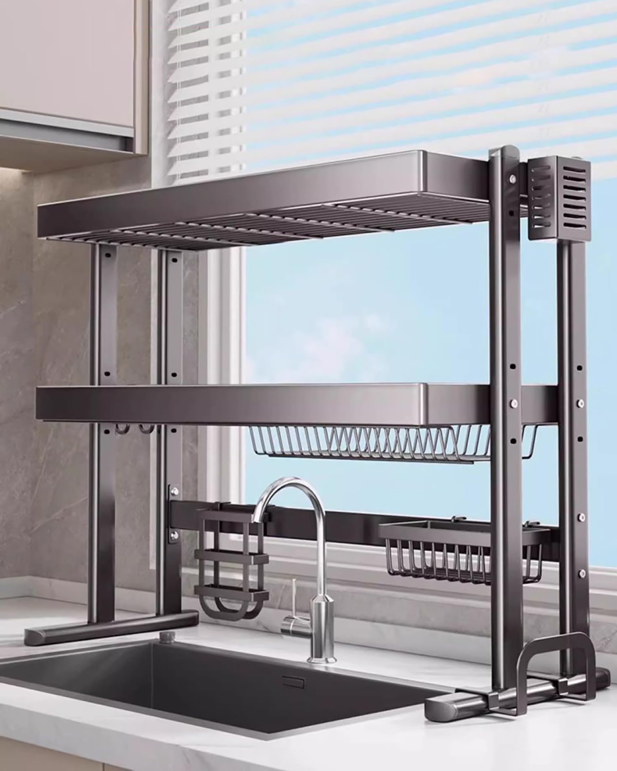 Scolapiatti da sopra Lavello Acciaio Inox - Organizer Cucina Salvaspazio con Scolapiatti Doppio Livello - Porta Utensili e Ganci - 14 Piatti e 9 Ciotole