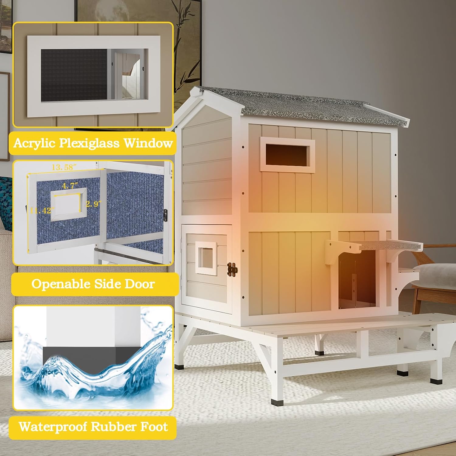 2-Story 32.5" L Insulated Outdoor Cat House,Weatherproof Cat Houses Feral Cat Shelter Clawsable with Insulated Cat Scratching Cloth,Jump Platforms,Balcony,Openable Asphalt Roof,Grey