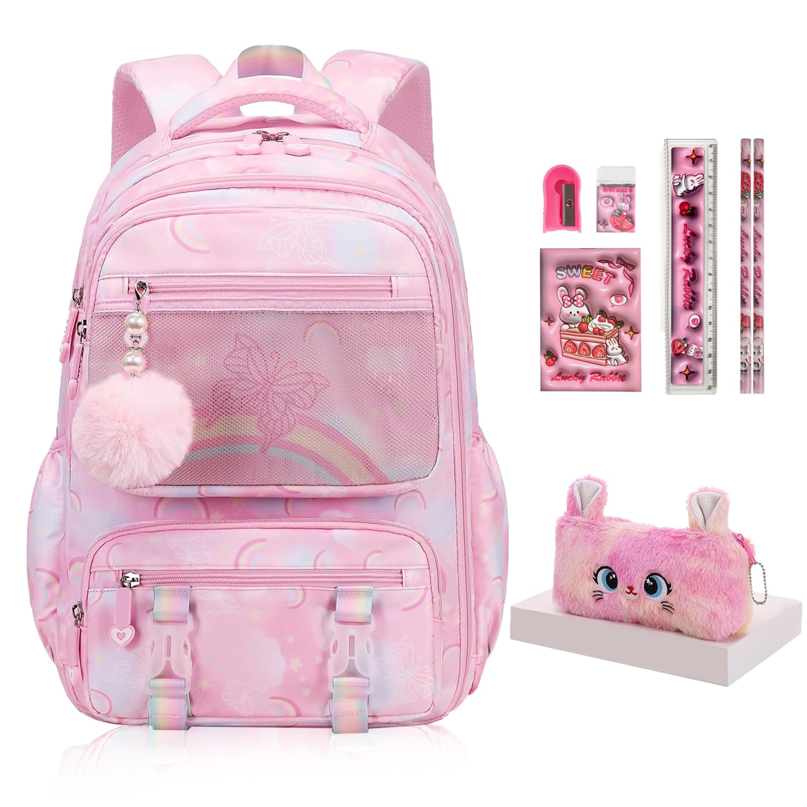 QJHEC Aesthetic Kawaii Rainbow Backpack
