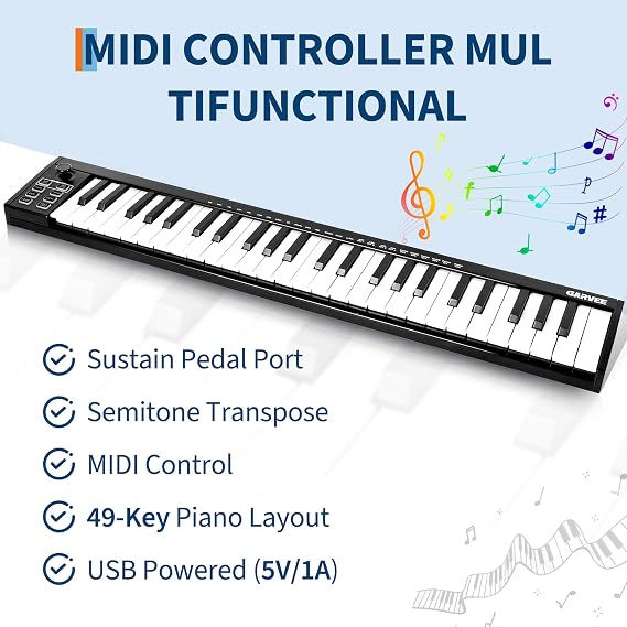 49-Key MIDI Keyboard Controller with USB, DAW Integration, 8 Drum Pads & OLED Display for Music Production, Black