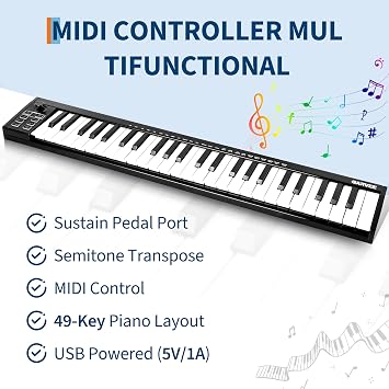 49-Key MIDI Keyboard Controller with USB, DAW Integration, 8 Drum Pads & OLED Display for Music Production, Black