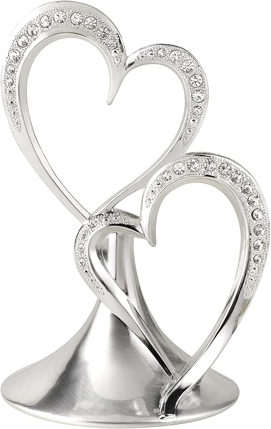 Hortense B. Hewitt Sparkling Love double hearts cake topper, 5.5-inches, metal with rhinestones, silver