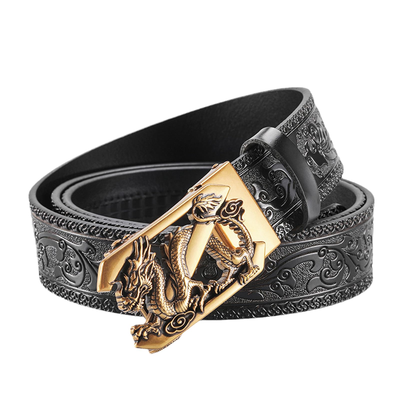 pasek, Paski kowbojskie w stylu western, tłoczone, ze skóry naturalnej, złotą klamrą kształcie smoka, do spodni jeansowych, szerokość 35 mm(Black,125cm/waist:42"~44")