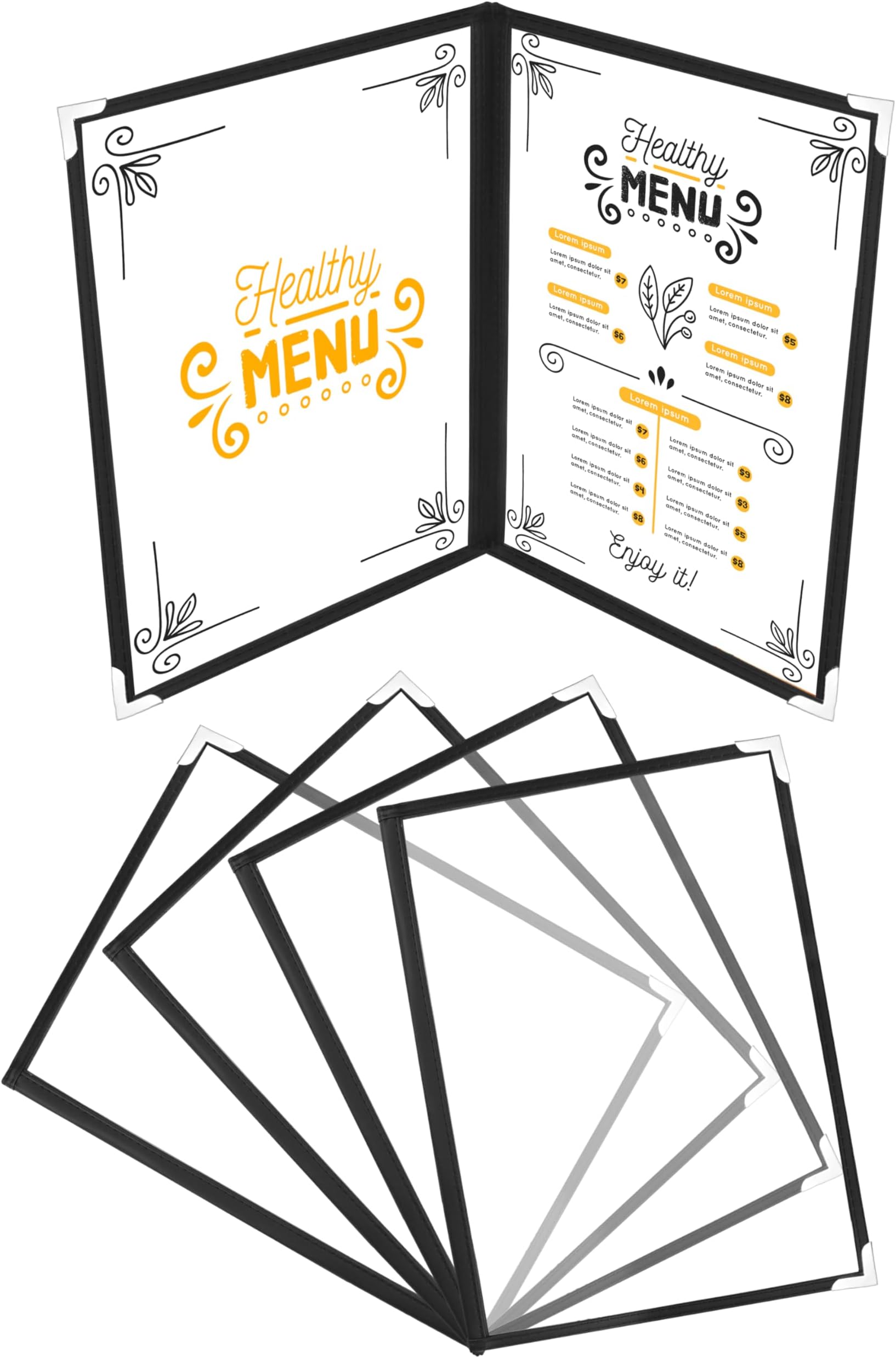 Double Fold A4 Menu Covers (5 Pack) - 2 Fold Double View American Style Menu Holders - Black Foldable Clear Menu Covers with Corner Protectors - For Restaurants, Bars, Cafes, Food & Drink