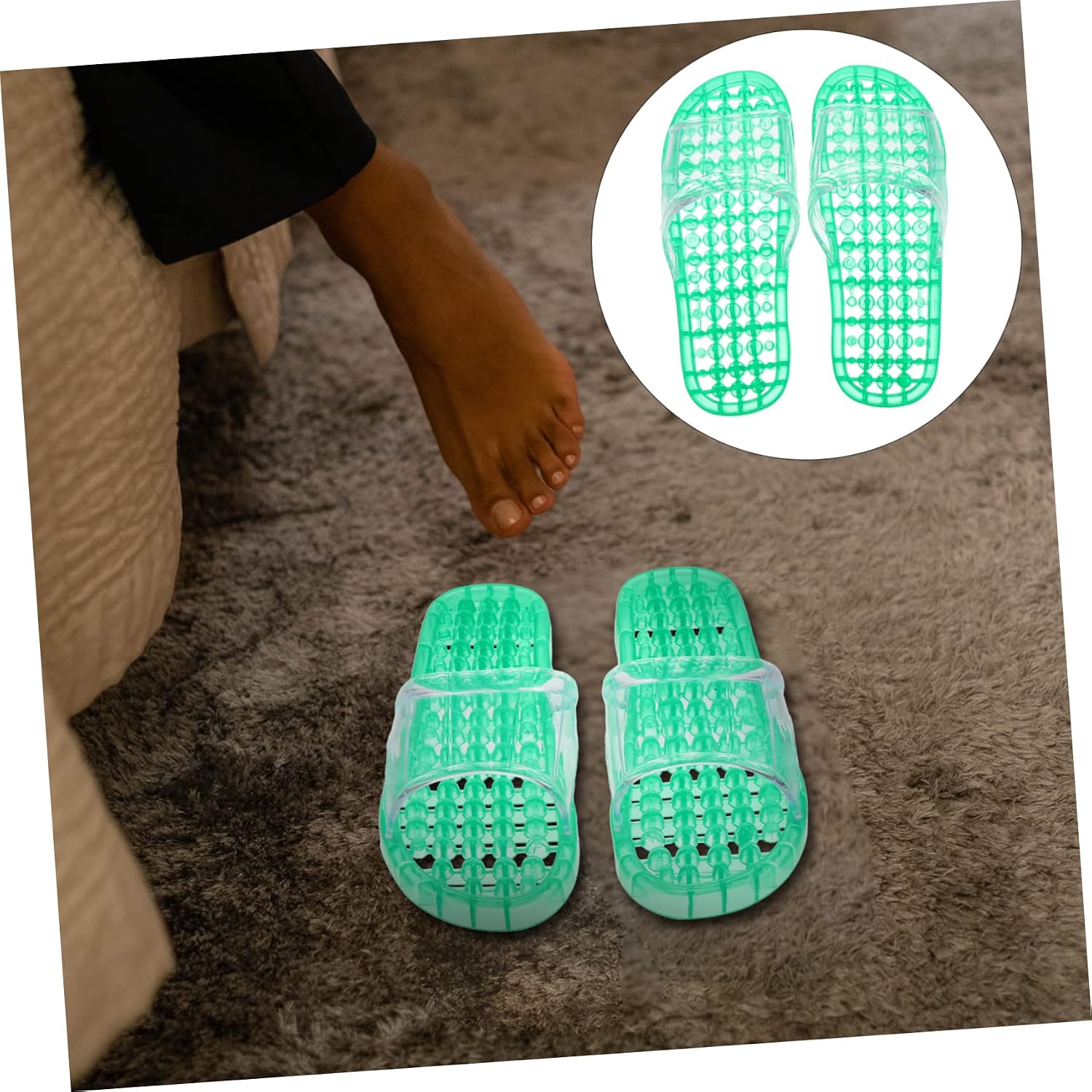 GARVALON Unisex Hollowed Draining Massage Slippers for Bathroom Comfortable Summer Shower Footwear for Home Use Green Easy to Clean Design