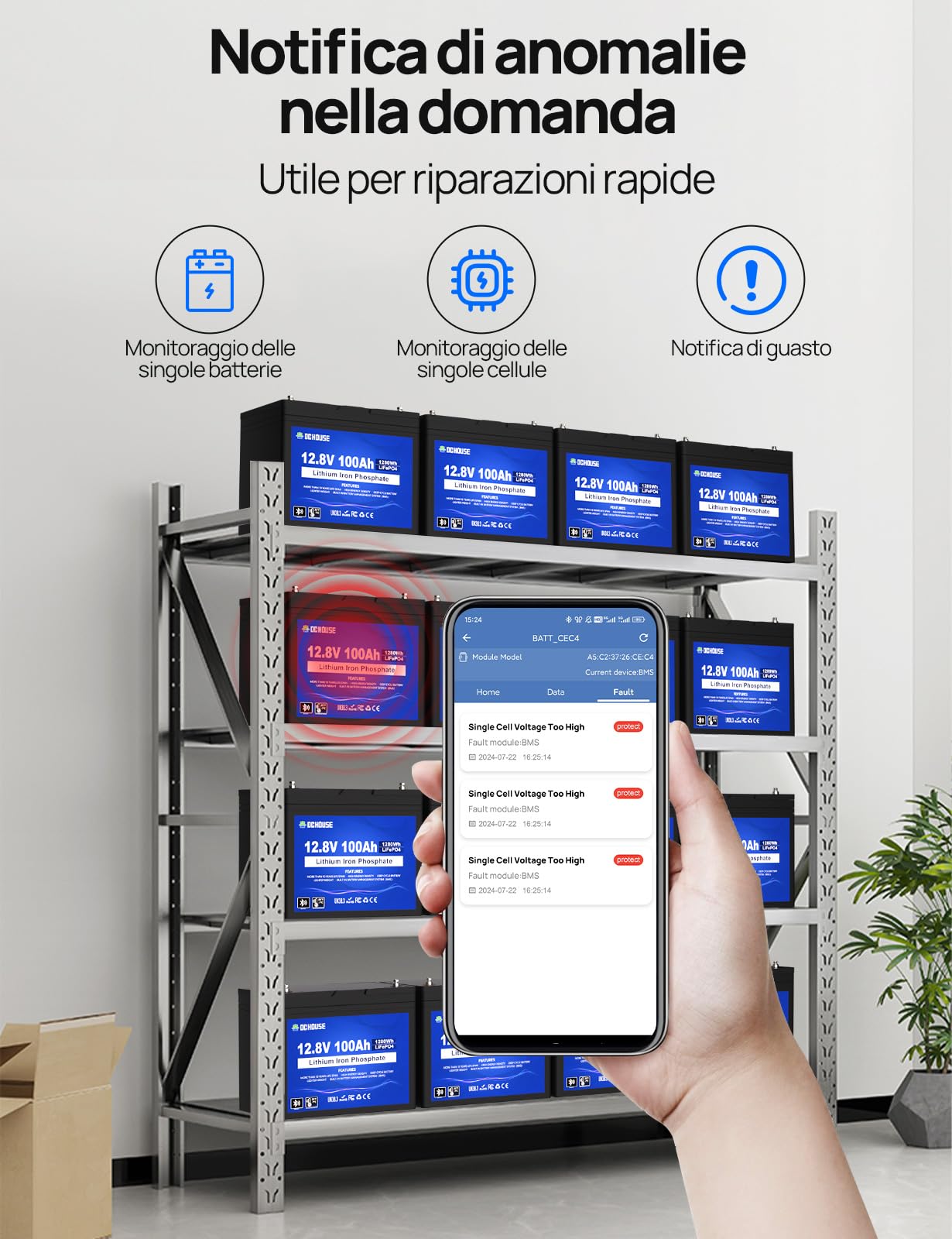 DCHOUSE Batteria Litio 12V 100AH Bluetooth con Protezione 100A BMS e a Bassa Temperatura, Batteria Lifepo4 per motori elettrici, Caravan, Campeggio, Sistemi solare