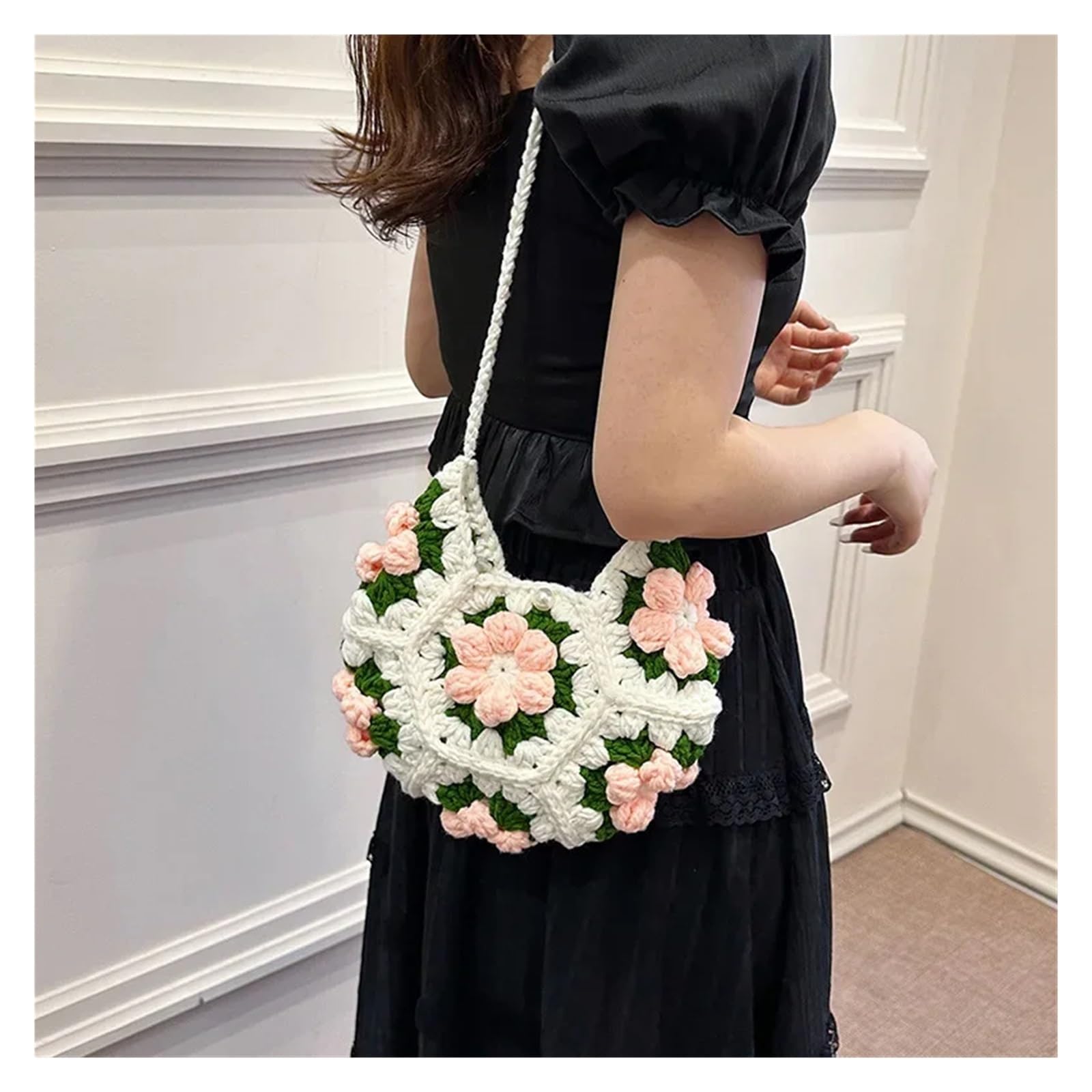 Bolso De Punto Con Flores Bolso de punto de verano for niñas, pequeño bolso bandolera con flores frescas, informal, de calle, tejido a mano, for mujer