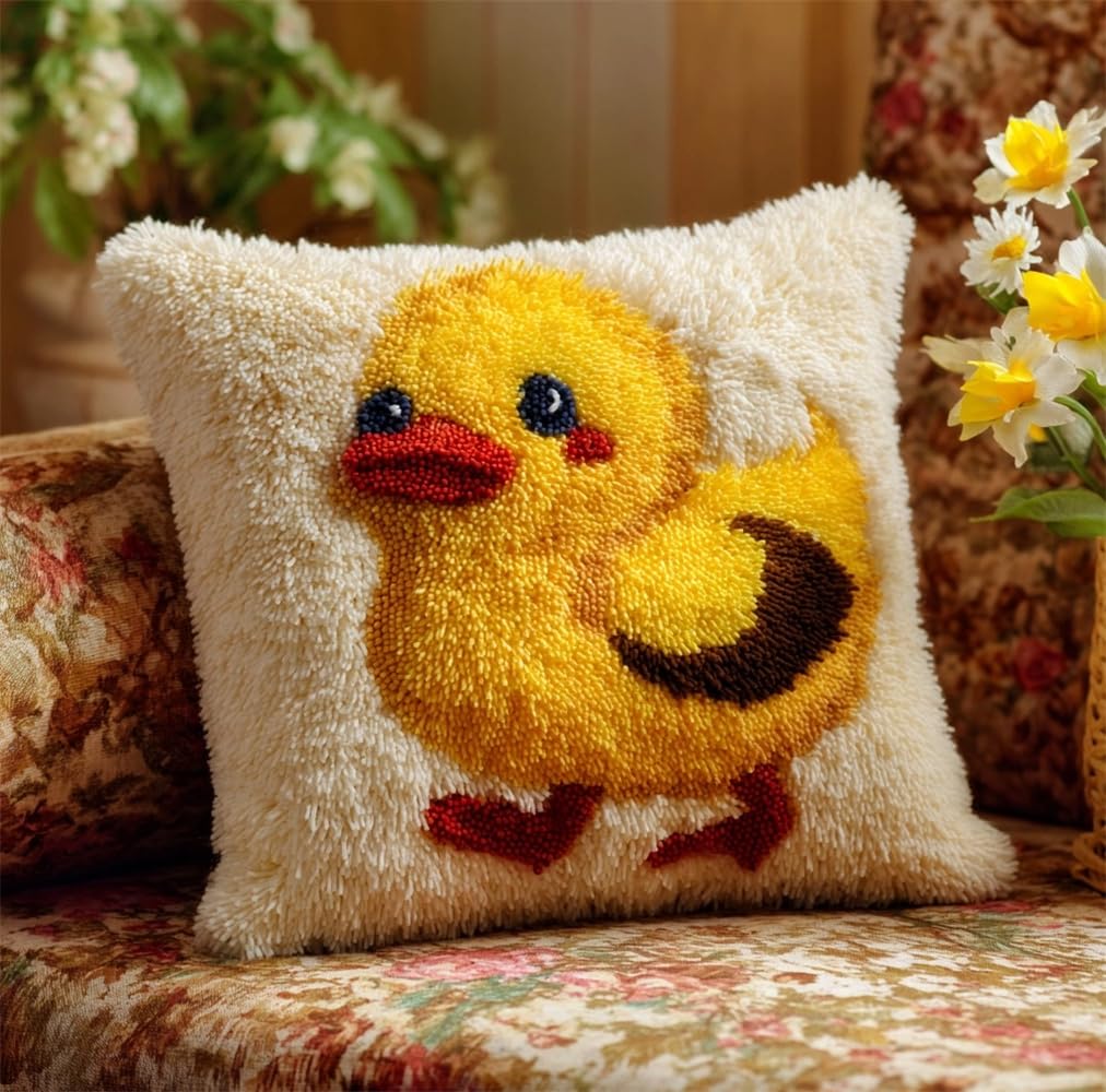 kitphoenix Latch Hook Kits, Latch Hook Kit for Beginners Cute Duckling Throw Pillow Cover Pattern Printed Sofa Cushion Crochet Needle for Carpet Embroidery 17X17Inch
