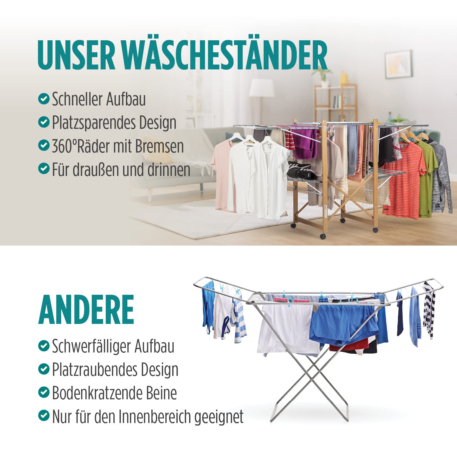 Vitapur House Care XXL Wäscheständer mit Rollen - 2 Ebenen Standtrockner 21m Trockenlänge - Klappbar 12cm Holzoptik - Mobile Flügelwäschetrockner Innen Außen - 25kg Belastbar 136x69cm Platzsparend
